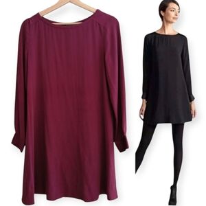 Eileen Fisher 100% Silk Long Sleeve Loose Fit Mini Dress Burgundy Wine XS